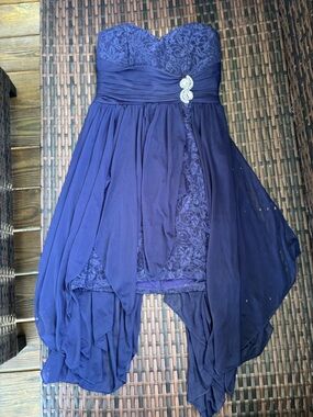 Strapless Navy Blue Lace & Chiffon Hi-Low Dress